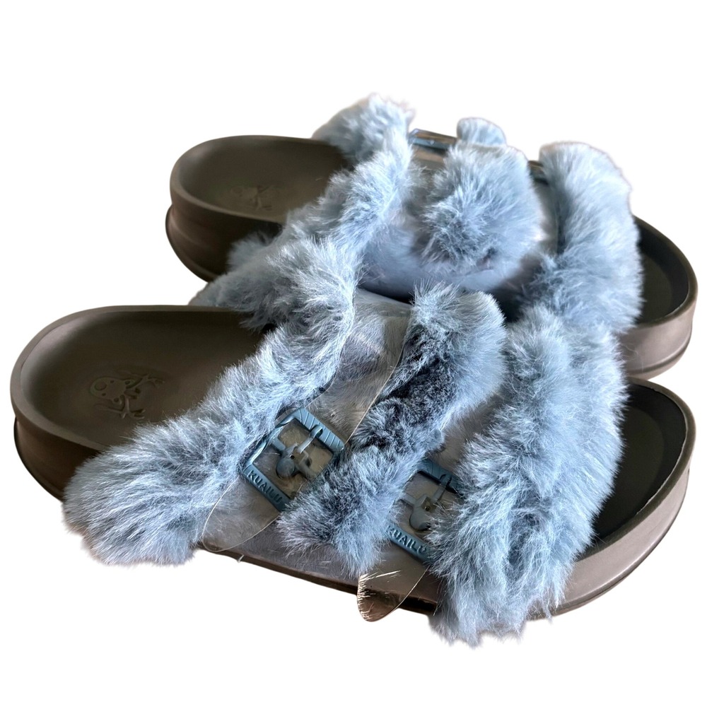EUC KuaiLu Faux Fur Double Strap Slide Sandals Sz 7 Light Blue Comfort Orthotic